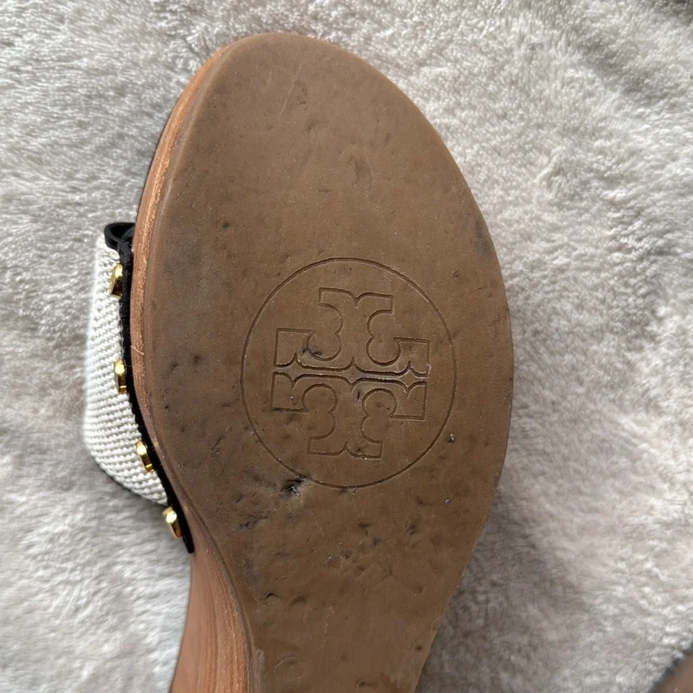 Tory Burch Black and Cream Wedge Sandals - Picture 9 of 13